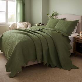 20241113qs002 Brandream King Size Quilt Set Cotton Scalloped Coverlet Farmhouse 3pc Olive