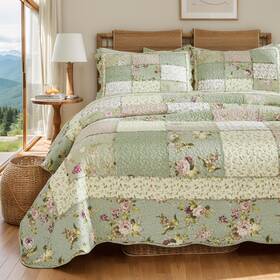 20241125qs001 Brandream King Size Quilt Set Cotton Patchwork Quilts Green Rose Floral Quilted Comfort