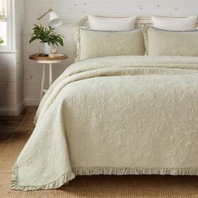 20250609qs001 Brandream Beige Quilt Set King Size Cotton Botanical Matelasse Bedding 3pc