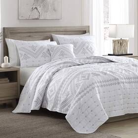 Brielle Home 807000230501 Cross Stitch Quilt Set With Shams Bright White Geometric Accent Color Printed