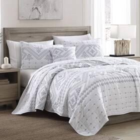 Brielle Home 807000230556 Cross Stitch Quilt Set With Shams Bright White Geometric Accent Color Printed