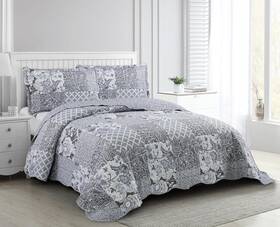 Bm437 Brilliant Sunshine Grey Flowers Patchwork 3-piece Quilt Set With 2 Shams