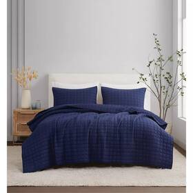 92868361 Brooklyn Loom 3pc Full/queen Flax Linen Quilt Set Navy Blue