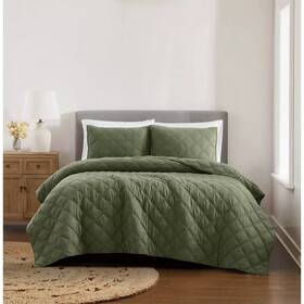 94860741 Brooklyn Loom Full/queen Cotton Shell Diamond Washed Quilt Set Green