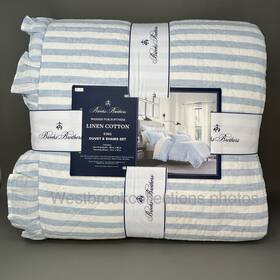 3469cs Brooks Brothers King Linen Cotton Ruffled Duvet And Sham Set Blue White Striped