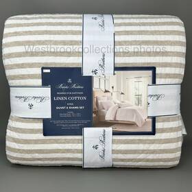 3470cs Brooks Brothers 3pc Linen Blend King Duvet Sham Set Quilted Natural Stripe