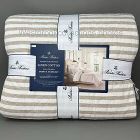 3471cs Brooks Brothers 3pc Linen Blend Full/queen Duvet Sham Set Quilted Natural Stripe