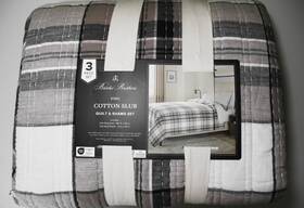 Js843 Brooks Brothers New Gray /brown Tan Plaid Cotton Slub King Quilt Set Genuine