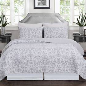 C & F Home Decor 008246711636 Callahan Songbirds Soft Grey 3pc King Quilt Set-reversible-washable-quilt Shams