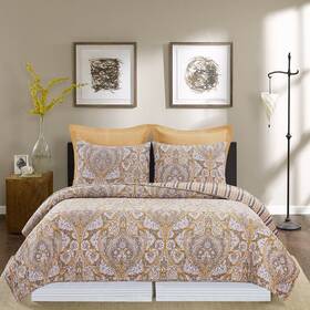 C&f Home Decor 008246713050 Shay Gray And Gold Damask 3 Pc King Quilt Set-reversible-cotton Two Shams