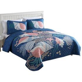Caribbean Joe 048986866944 Coastal 3-piece Quilt Set Full/queen Patterned Shell Navy