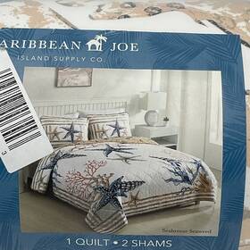 Caribbean Joe 048986866982 Full/queen 3pc Quilt Set Seabreeze Seaweed White/tan