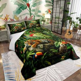 Zzrs7294zmd-bz Castle Fairy Usk 3d Tiger Comforter Set King Size Monkey Parrot Wild Animals Bedding Tropi