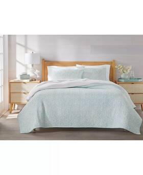 Charter Club 194137089806 Leaf Silhouette Full/ Queen Quilt Set Floral Stripes 100% Cotton