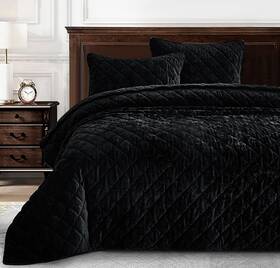 8.40079e Chezmoi Collection 11 Lux Black Velvet Quilt King Set 3-piece Lush Plush Bedding