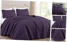 Chezmoi Collection 840079108098 Austin 3-piece Oversized Bedspread Coverlet Set Queen Purple