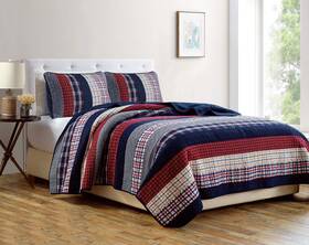 Chezmoi Collection 840079121578 Milton 3-piece Plaid Checkered Patchwork Striped Quilted 100% Washed Cotton R