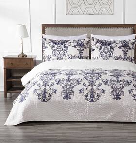 Chezmoi Collection 840079140050 Chloris 3piece Printed Floral Medallion Quilt Set Prewashed Microfiber Navy Blue