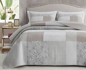 Chezmoi Collection 840079141989 Quinn 2-piece Neutral Taupe Gray White Floral Hibiscus Flower Candy Stripe Pa