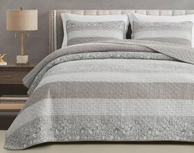 Chezmoi Collection 840079142030 Robyn 3-piece Neutral Taupe Gray White Floral Hibiscus Flower Patchwork Strip