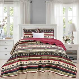 Chezmoi Collection 840079146397 3-piece Quilt Bedding Set Rustic Lodge Forest Wildlife Moose Deer Microfiber