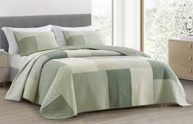 Chezmoi Collection 840079148971 Elm 3-piece Quilt Set King Green Floral Striped Reversible Pre-washed Cotton