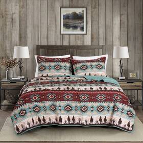 Chezmoi Collection 840079149909 Dune 3-piece Southwestern Cowboys Aztec Quilt Set - Multicolor Teal Brown Bei