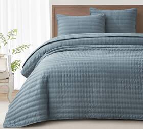 Chezmoi Collection 840079155405 Valkyrie 3-piece Dusty Blue Queen Size Quilt Set - Cross Stitch Stone-washed