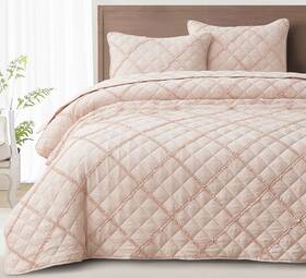 Chezmoi Collection 840079155436 Annabelle 3-piece Blush Queen Size Quilt Set - Diamond Ruffle Stone-washed Su