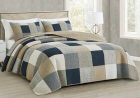 Chezmoi Collection 840079162922 Samuel 3-piece Navy Blue White Gray Taupe Plaid Square Patchwork Quilt Set -