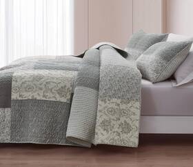 Chezmoi Collection 840079176295 Cooper 3-piece Muted Gray White Ivory Floral Plaid Patchwork Quilt Set - Pre-