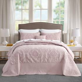 H-5154 Chixin King Size Reversible Bedspread Set - 4 Piece Damask Paisley Coverlet Pale Rose