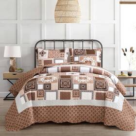 H-5557 Chixin Oversized Bedspread Queen Size Geometric Quilt Set Reversible 3 Piece Camel New