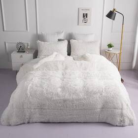 Chovy 784129883934 Faux Fur Plush White Comforter Sets Full/queen - Ultra Soft Shaggy Flan