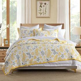 Bz07 Cinefoso Farmhouse Floral Quilt Set - 100% Cotton Yellow And Grey Reversible Queen