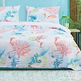 Mpn89329 Coastal Quilt Set Blue White King Microfiber Reversible Pillow Shams Bed Cover