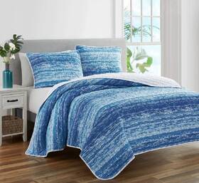 W004520647 Coastal Theme Quilt Set King Blue Ocean Stripe Soft Cotton Bedding Reversible Cover