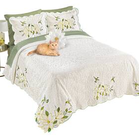34-7264 Collections Etc Magnolia And Hummingbird Appliqu Scalloped Edge Bedspread