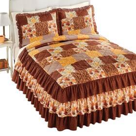 Cofa250406 Collections Etc Autumn Patchwork Triple Ruffle Quilt-top Bedspread