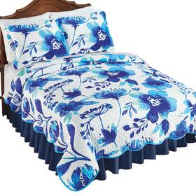 Comsu24398 Collections Etc Bold Blue Botanical Garden Scalloped Edge Quilt King