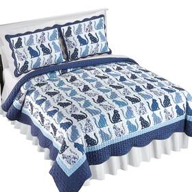 Cosp250477 Collections Etc Cozy Chloe Blue-toned Cat Design Scalloped Edge Quilt