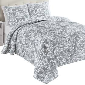 Cosu250603 Collections Etc Jacquard Textured Leaf Design Reversible Bedspread Gray Full
