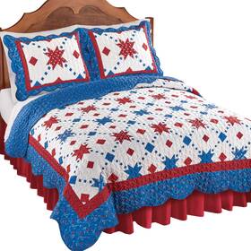 Yx-24080 Collections Etc Reversible Americana Star Scalloped Edge Patriotic Quilt