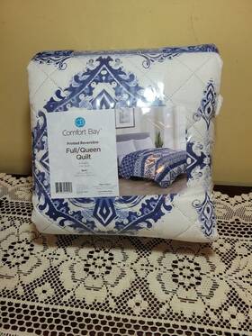 Comfort Bay 735732452291 Quilt Full Queen 86 X Inch Printed Reversible Bedding New Navy White