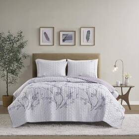Cs14-1328 Comfort Spaces Kate Floral Purple Full/queen Quilt Set 3pc Reversible Lightweight Bedspread