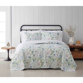 80339415 Cottage Classics 3pc Full/queen Field Floral Quilt Set Blue/green/white -