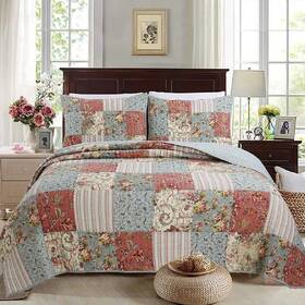 27148019 Country Style Quilt Set King Patchwork Floral Blue Coral Beige Reversible Cotton Bedding Cover