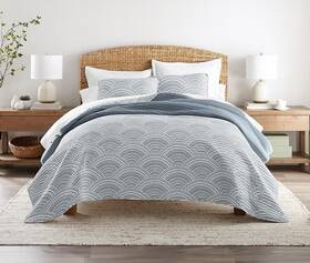 W010405159 Coverlet Set Geometric Design Blue King Quilted Shams All Season Reversible