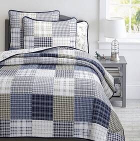 15012 Cozy Line Home Fashions Benjamin Cute Dinosaur Plaid Navy Blue White Grey -queen