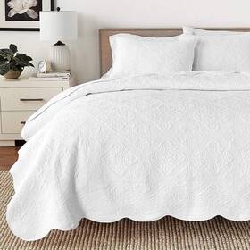 469ak-ovr Cozy Line Home Fashions Fashion Quilt/coverlet King Cotton Solid White Scalloped Edge 3pc